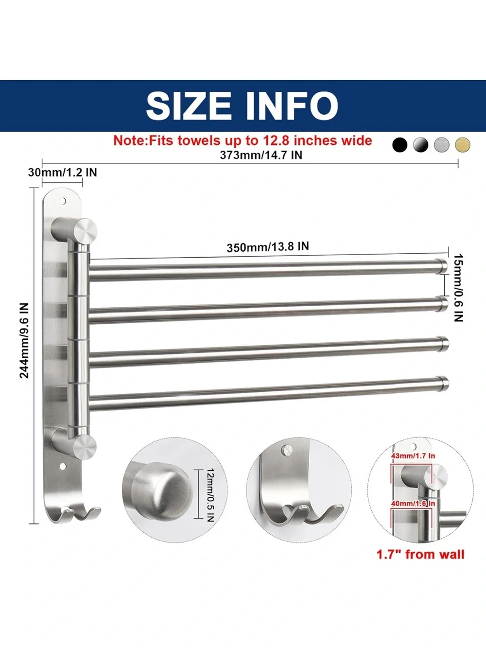 Stainless Steel 4-Arm Swivel Towel Rack with Hooks - Brushed Nickel